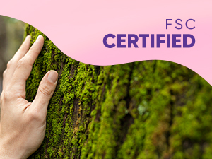 Hand touching tree trunk with 'FSC CERTIFIED' text overlay on pink background.