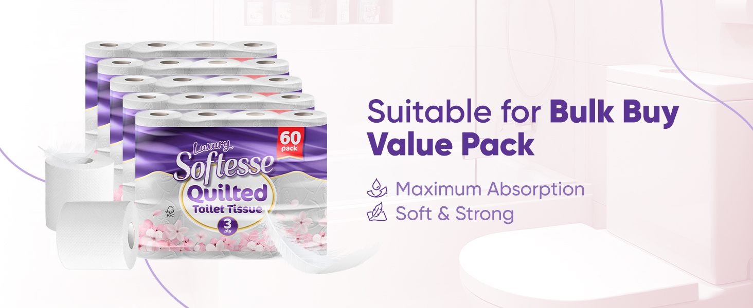 Stack of Softness quilted tissue paper value packs with purple accents, advertising maximum absorption and soft strength features.