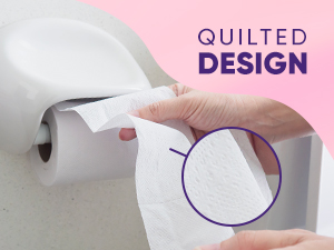 Close-up of a hand holding a roll of toilet paper, highlighting its quilted texture design. Text 'QUILTED DESIGN' visible in the image.