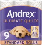 Andrex Ultimate Quilts Toilet Tissue 9 Standard Toilet Rolls, Air Pocket Technology for Soft, Thick Sheets (Previously Andrex Supreme Quilts Toilet Paper) – 9 Toilet Rolls