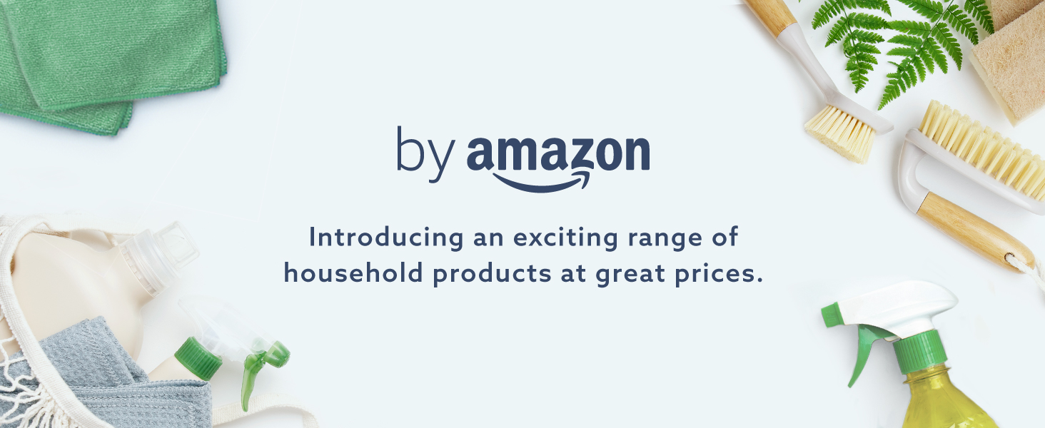 Text reads 'by amazon Introducing a new line of household products at great prices.' White and green branded banner featuring Amazon's household product line introduction.