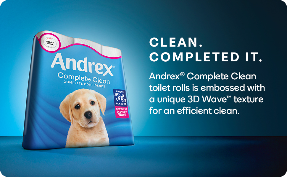 Text reads 'CLEAN. COMPLETED IT. Andrex® Complete Clean toilet rolls are embossed with a unique 3D Wave™ texture for an efficient clean'. Andrex toilet paper product branding on blue background with product package shown.