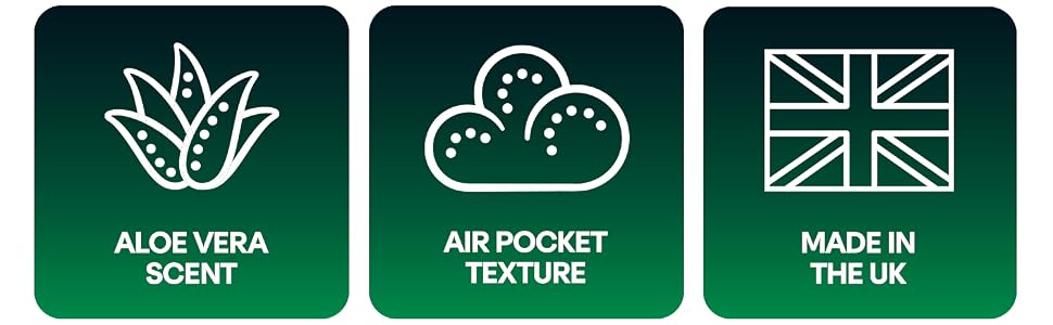 Text reads 'ALOE VERA SCENT', 'AIR POCKET TEXTURE', 'MADE IN THE UK' with corresponding icon designs in green and white against dark backgrounds.