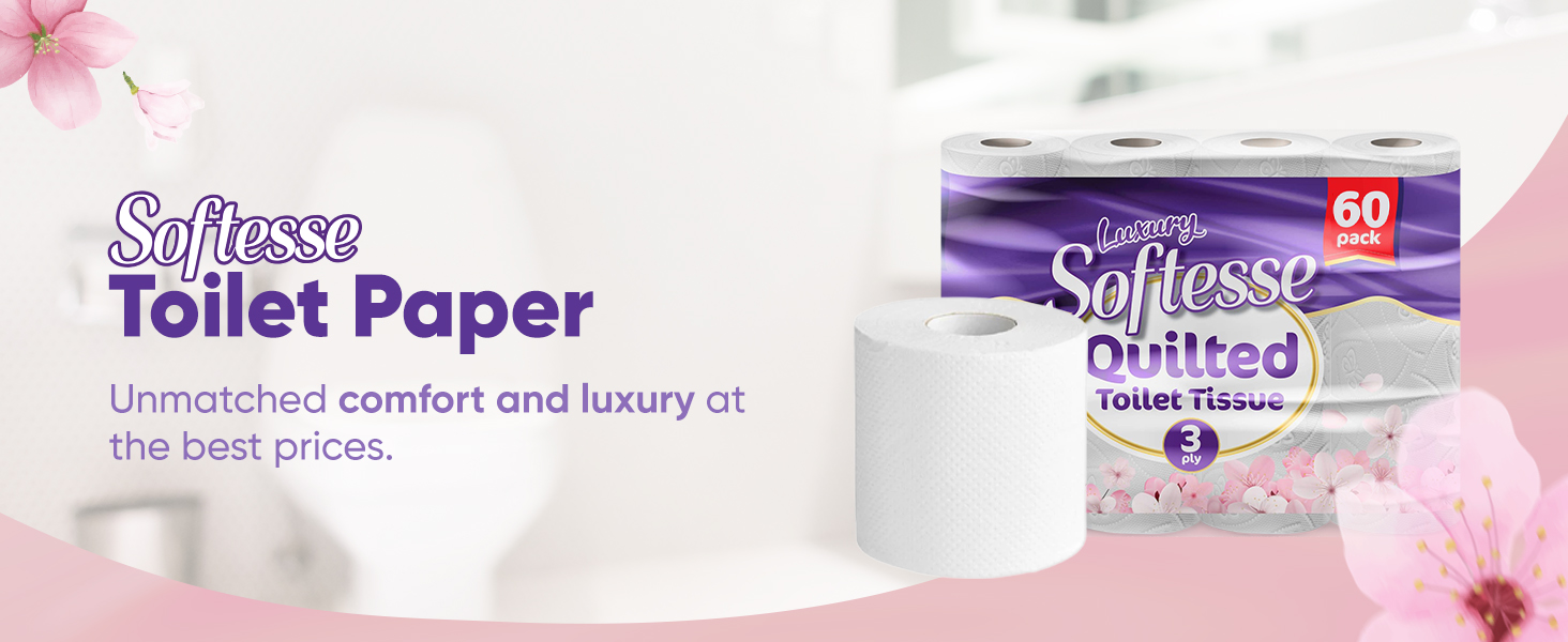 Softesse toilet paper package with 60 rolls. Product features unmatched comfort and luxury. Pink floral design in background.