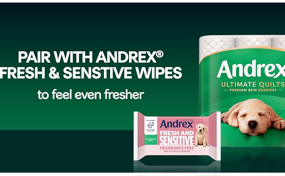 Text reads 'PAIR WITH ANDREX®' and 'FRESH & SENSITIVE WIPES'. Product packaging shows Andrex brand toilet paper and wipes with puppy mascot on green background.