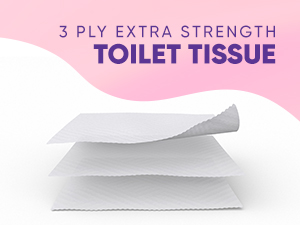 Stack of white 3-ply extra strength toilet tissue sheets, partially visible against a pink background with product text.